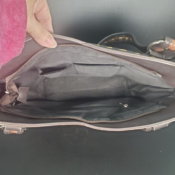 Western Tooled Brown Tote Bag w/ Turquoise Concho & Fringe – Shoulder Purse - Picture 5 of 10